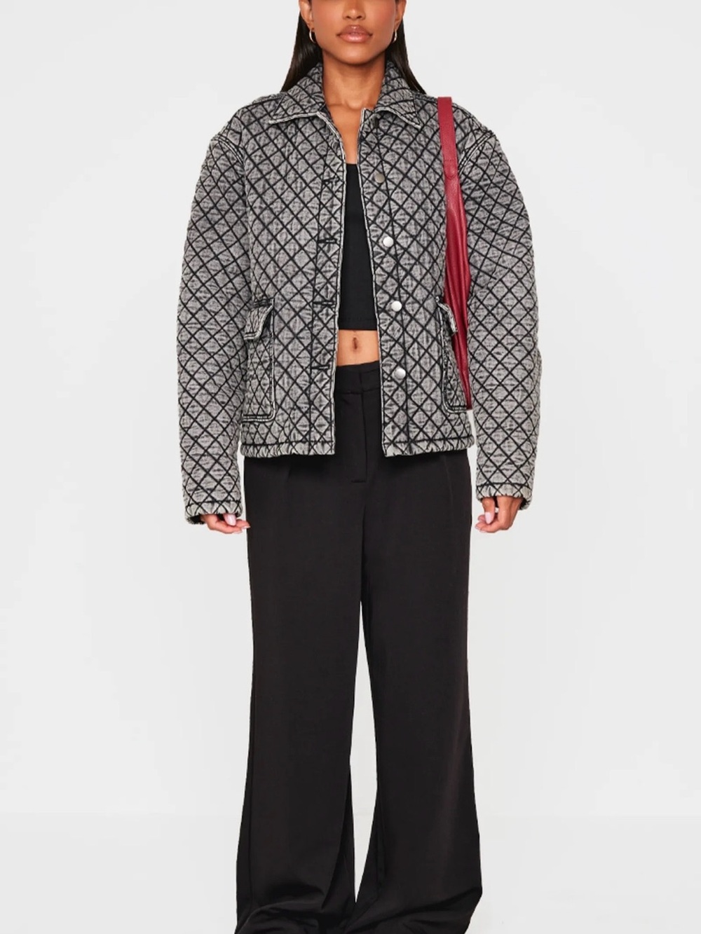 PLT New Quilted Diamond Pattern Jacket - Black/Grey size US4 oversized fit